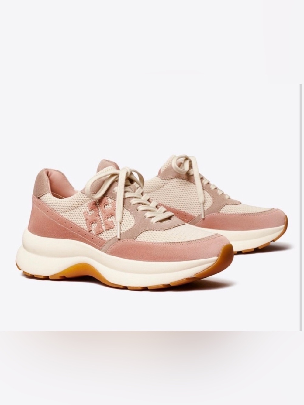 Tory Burch Cream and Dusty Pink Mesh & Suede Lace-Up Sneakers Size 9